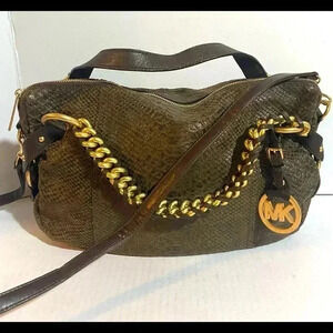 Michael kors brown leather suede satchel handbag